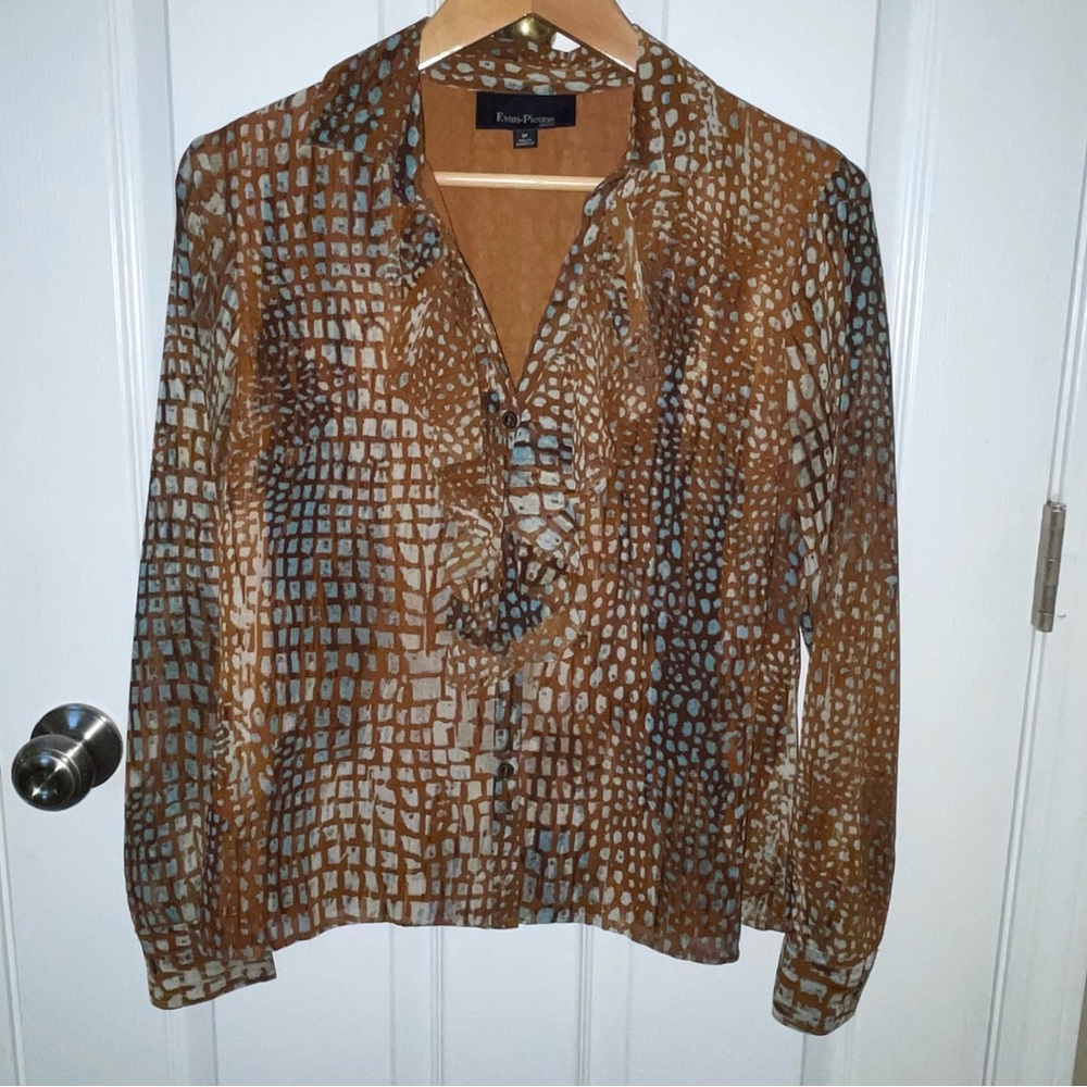 Evan-Picone Petite Brown Abstract Geometric Ruffle V-Neck Blouse Size 6P